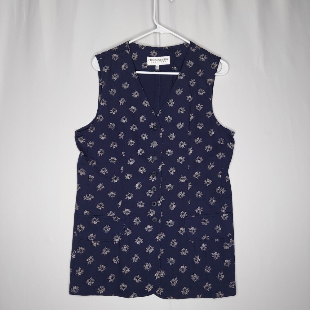 Cross Country Vtg 90s Button Vest Women 10 Navy Floral V-Neck Pocket Cottagecore